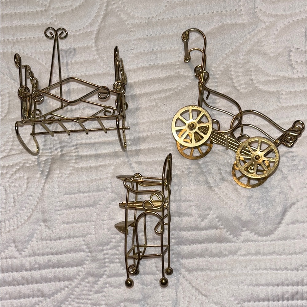 Vintage set of 3 Elegant Brass Gold Wire Miniatures Dollhouse furniture
